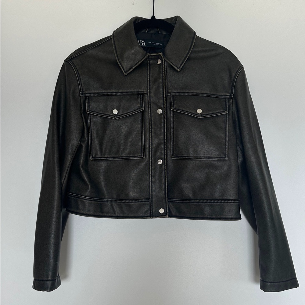 Zara Cropped Faux Leather Jacket. Size M. Rustic brown